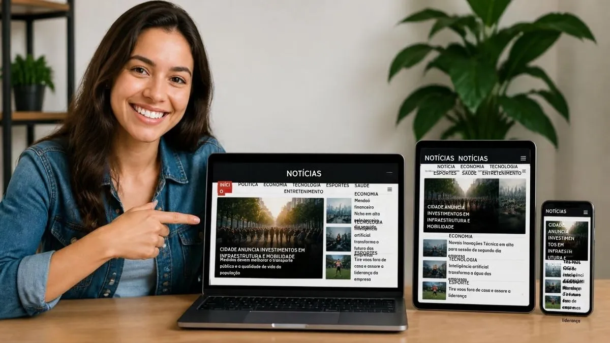 Mulher feliz com seu portal de notícias PortalPress News aberto no notebook, tablet e celular